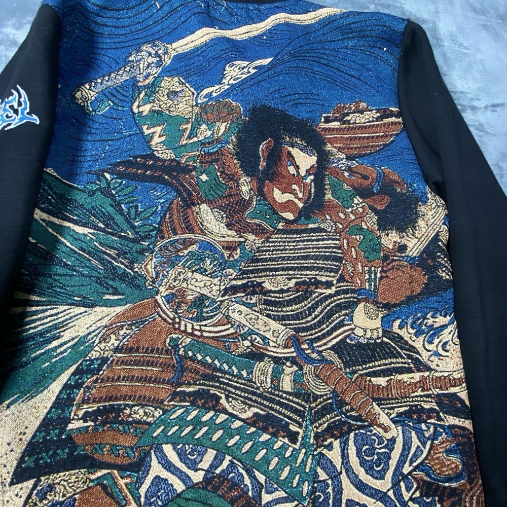 Rebel Vengeance Bomber Jacket Mens Medium Samurai Monkey Swordsman Tapestry AOP
